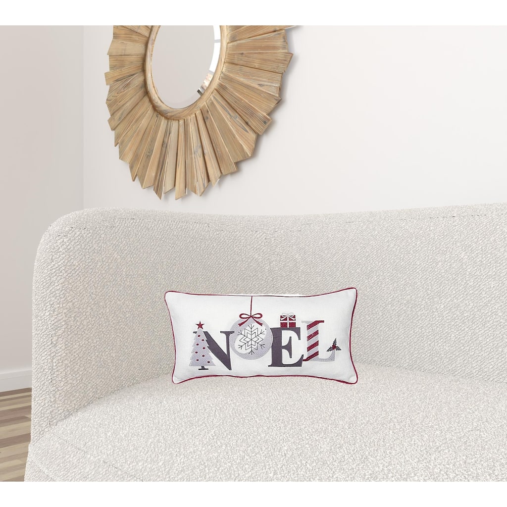 HomeRoots 10"x20" Red and Gray Christmas Noel Polyester Zippered Pillow With Embroidery