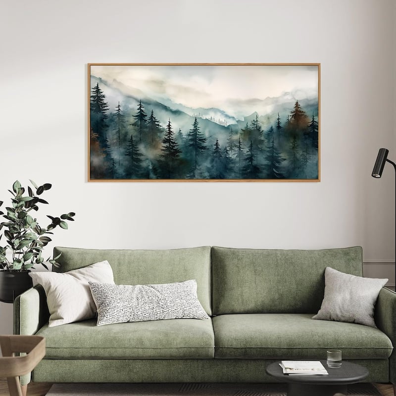 Nature Landscape Wall Decor, Foggy Mountain Pine Trees Wall Painting