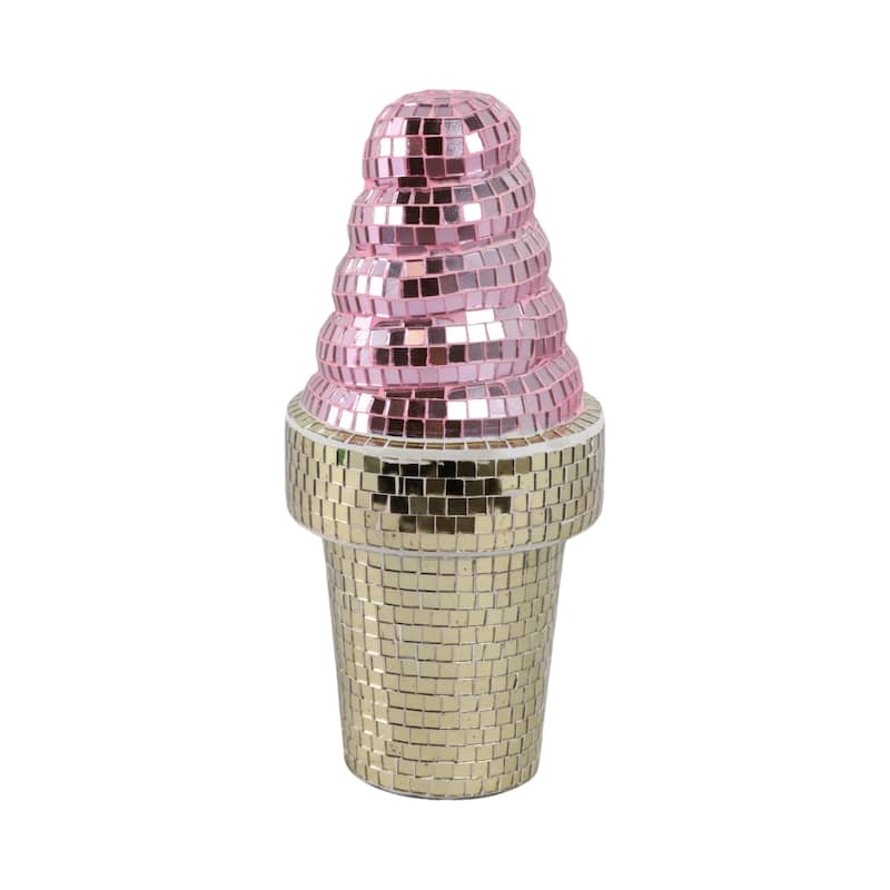 Glass Wood Figurine Mosaic Ice Cream Cone for Home Decor - 9" Pink - 4.25" x 4.25" x 9"