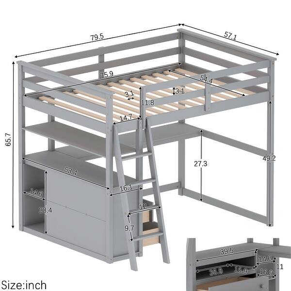 Full Size Loft Bed with Desk and Shelves,Two Built-in Drawers - Bed ...