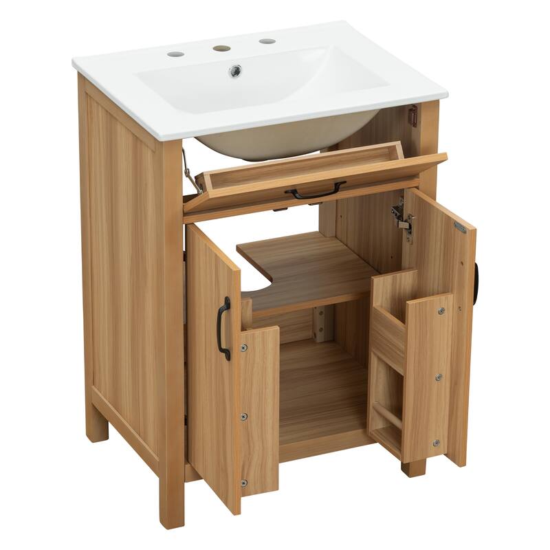 GDFStudio - Barro Transitional Freestanding Bathroom Vanity Cabinet with Ceramic Sink, Dual-Layer Rack & Soft Close Storages