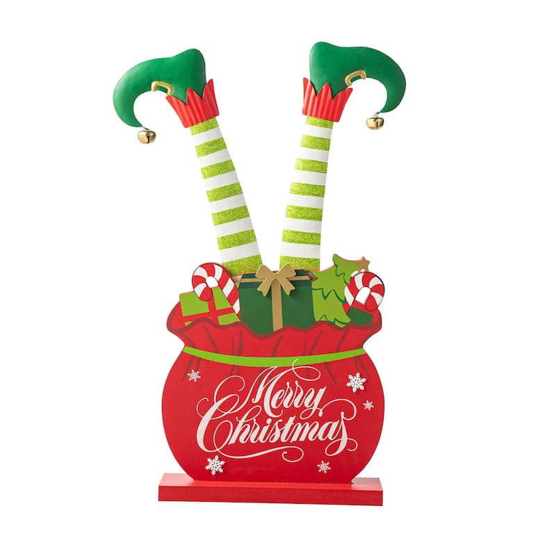 Glitzhome 24"H Christmas Wooden/Metal Elf Legs in Gift Box Porch Decor - 24.5"