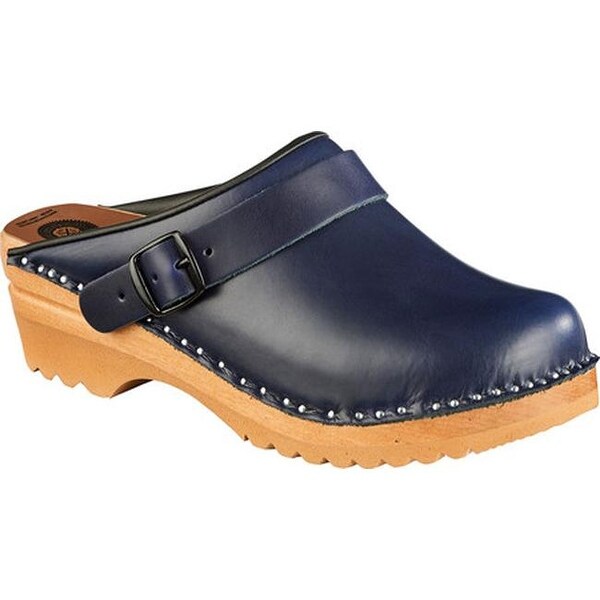 blue leather clogs