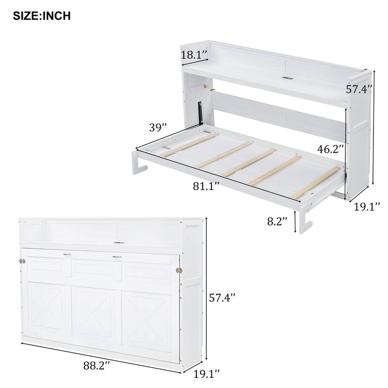 GDFStudio - Solid Wood Twin XL Murphy Bed with Desk, LED Light, USB Charging and Storage