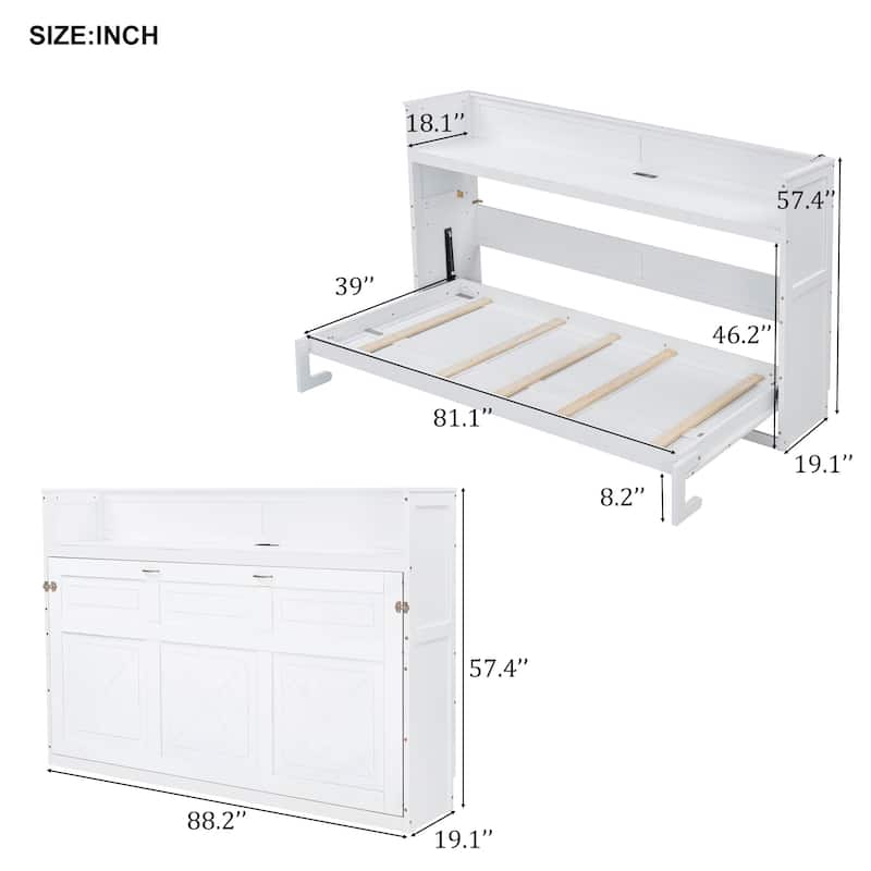 Twin XL Murphy Bed with Desk, LED Light, and USB Charging Station Space