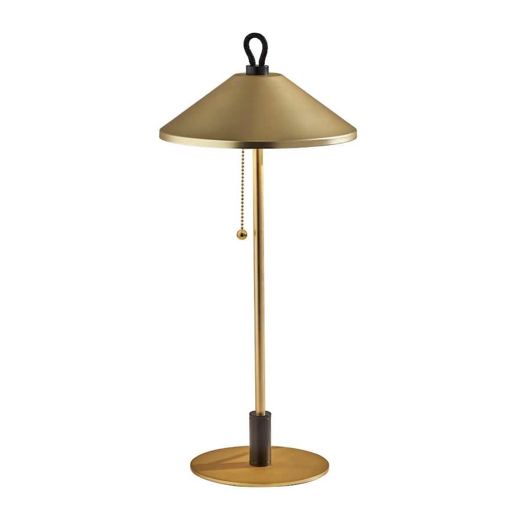 Gold Metal Candlestick LED Table Lamp with Brass Cone Shade Pull Chain - 8.62” x 8.62” x 19.75” (D x W x H)