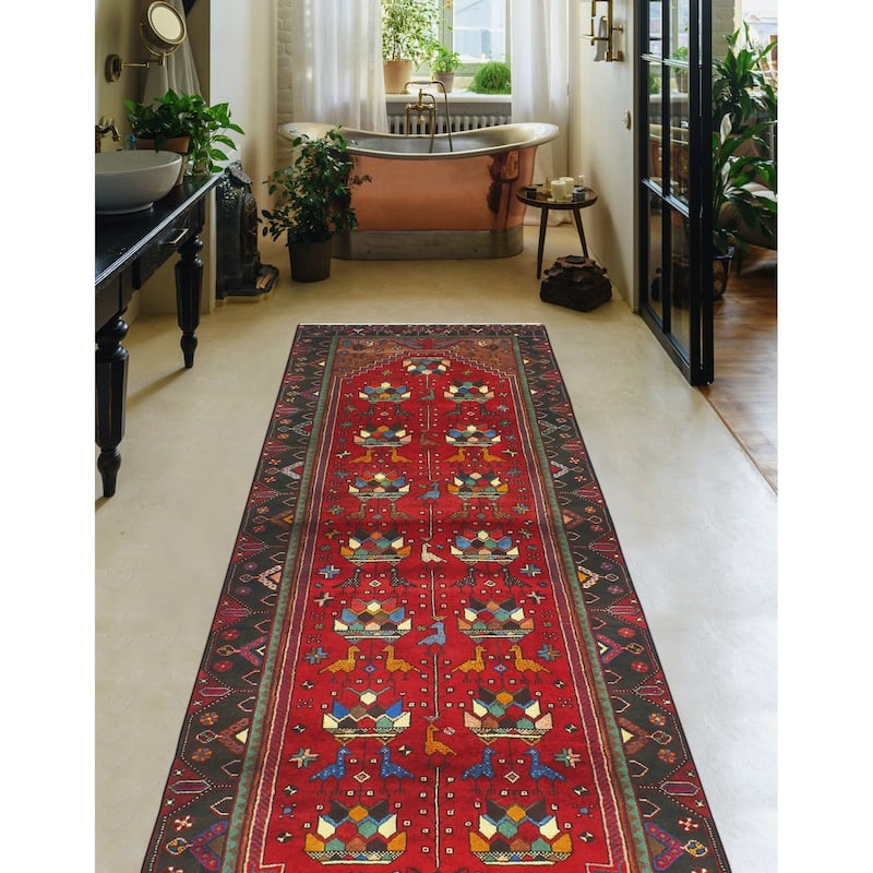 Fine Vintage Distressed Beale Red/Charcoal Runner - 3'6" x 9'4"