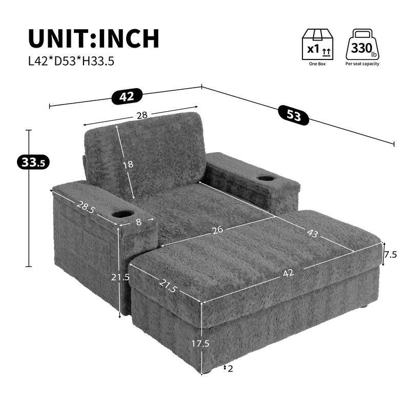 Anmytek 42 Oversized Chaise Lounge Sleeper Chair - with Storage Ottoman Armrests Cup Holders Deep Seat