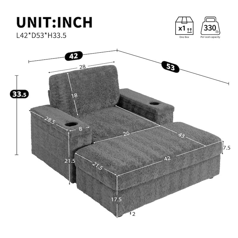 Roomfitters Oversized Chaise Lounge Sofa Bed with Ottoman, Faux Fur Sleeper Chair with Cup Holders