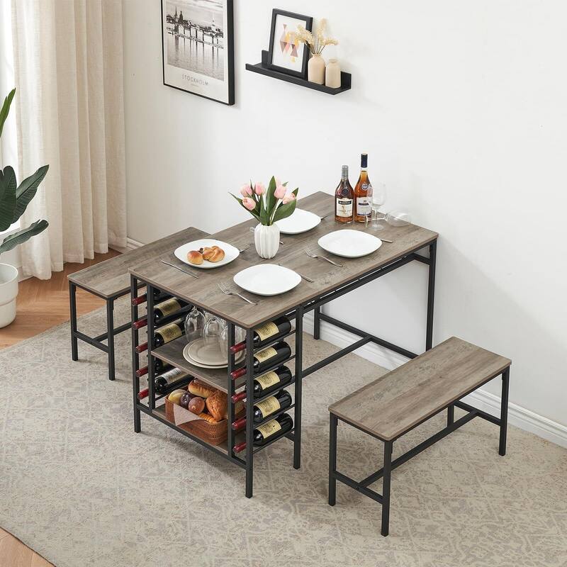 Kitchen Table with 2 Benches for 4 - Grey_Set of 4 - Grey_Set of 4