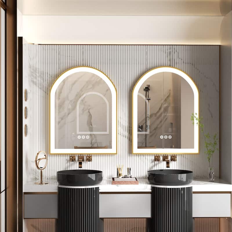 Gold Bathroom Arch LED Vanity Mirror Anti Fog Dimmable Memory 3 Colors - 36"x24"x1.6"