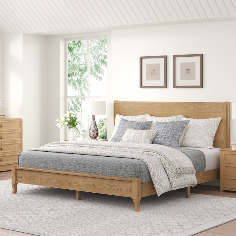 Solid Wood Panel Platform Bed with Headboard, Double Size Beds Wooden Rustic Bed Frame Bedroom Furniture - Natural - King
