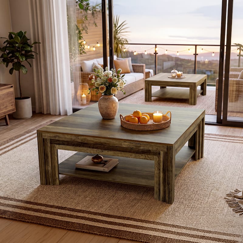 39 Inch Square Coffee Table, Rustic Farmhouse Center Tea Table