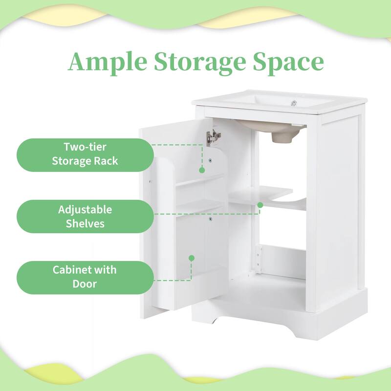 20" White Bathroom Vanity with Ceramic Sink, Soft Closing Door, Adjustable Shelve & Storage Rack, Freestanding Design