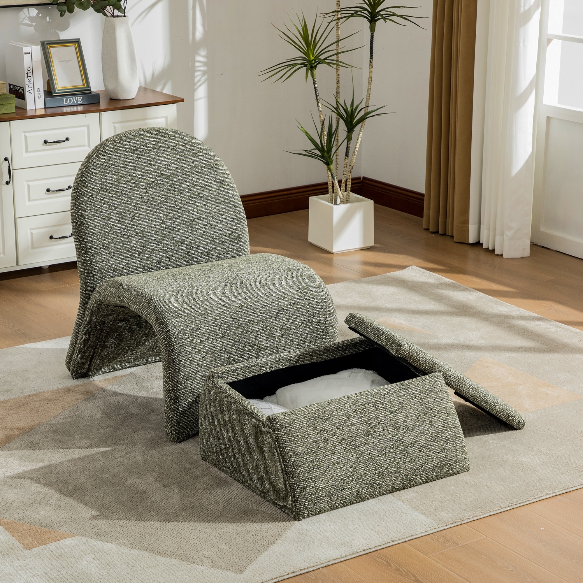 Upholstered Chair Green Armless Chair with Storage Ottoman, Accent Chair Reading Chair Padded Chair Vanity Chair