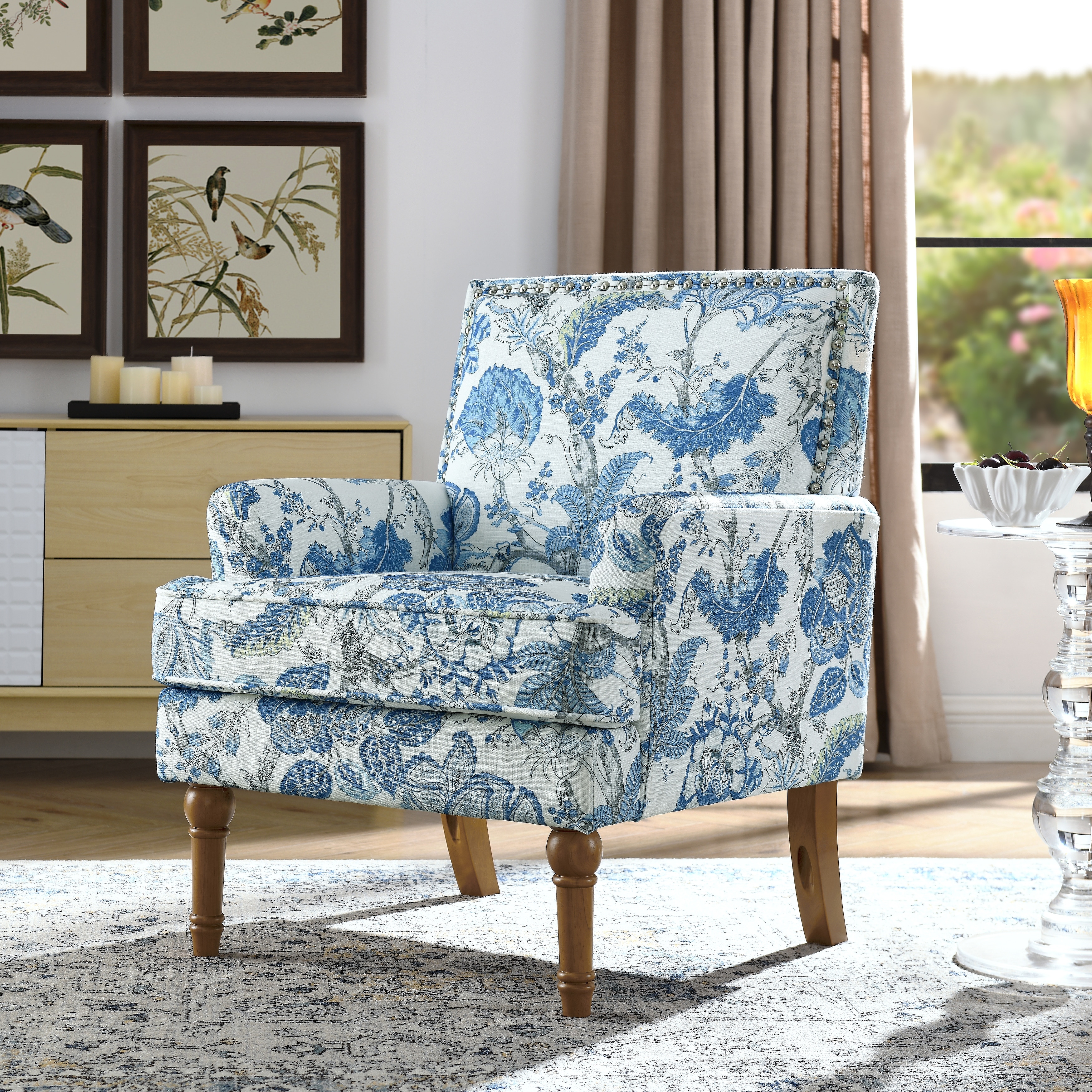 Floral Accent Chair Armchair with Nailhead Trim, Side Chair Sofa Chair Reception Chair with Wood Legs