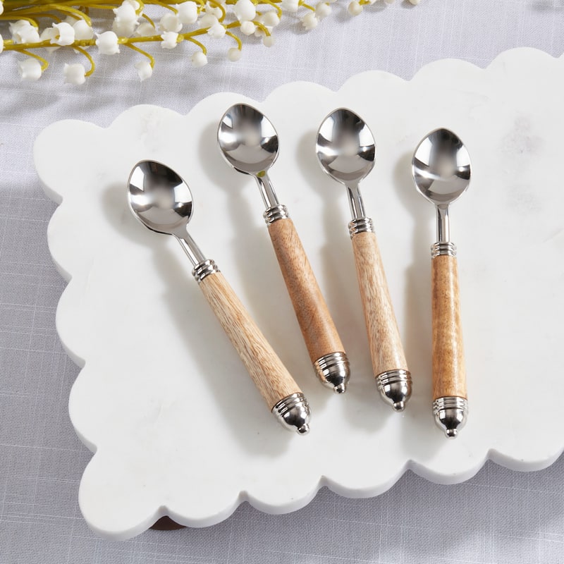 Mango Wood Handle Teaspoons (Set of 4) - Stainless Steel Dessert & Coffee Spoons for Dining & Entertaining
