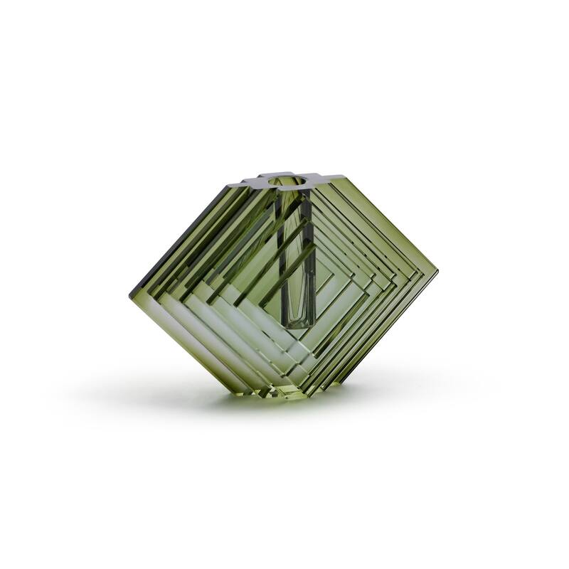 Crystal Glass Vase with Stacked Concentric Diamond Motif - Green - Small