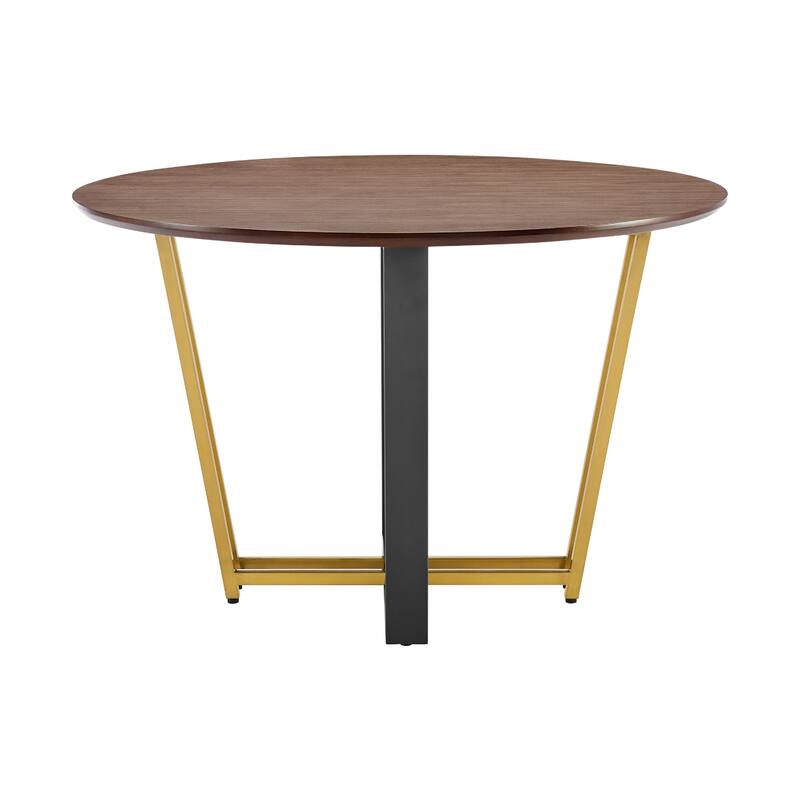 Leyne 48 Inch Round Dining Table, Gold Steel and Black Iron, Walnut Veneer - Walnut Brown, Black, Gold