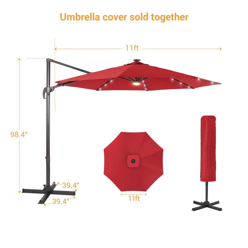 LIVOOSUN 11FT LED Cantilever Patio Umbrella 240g Solution-Dyed Fabric