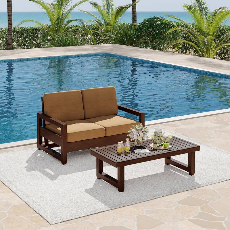 Teak Loveseat Patio Set with Cushions and Table (2-Piece)