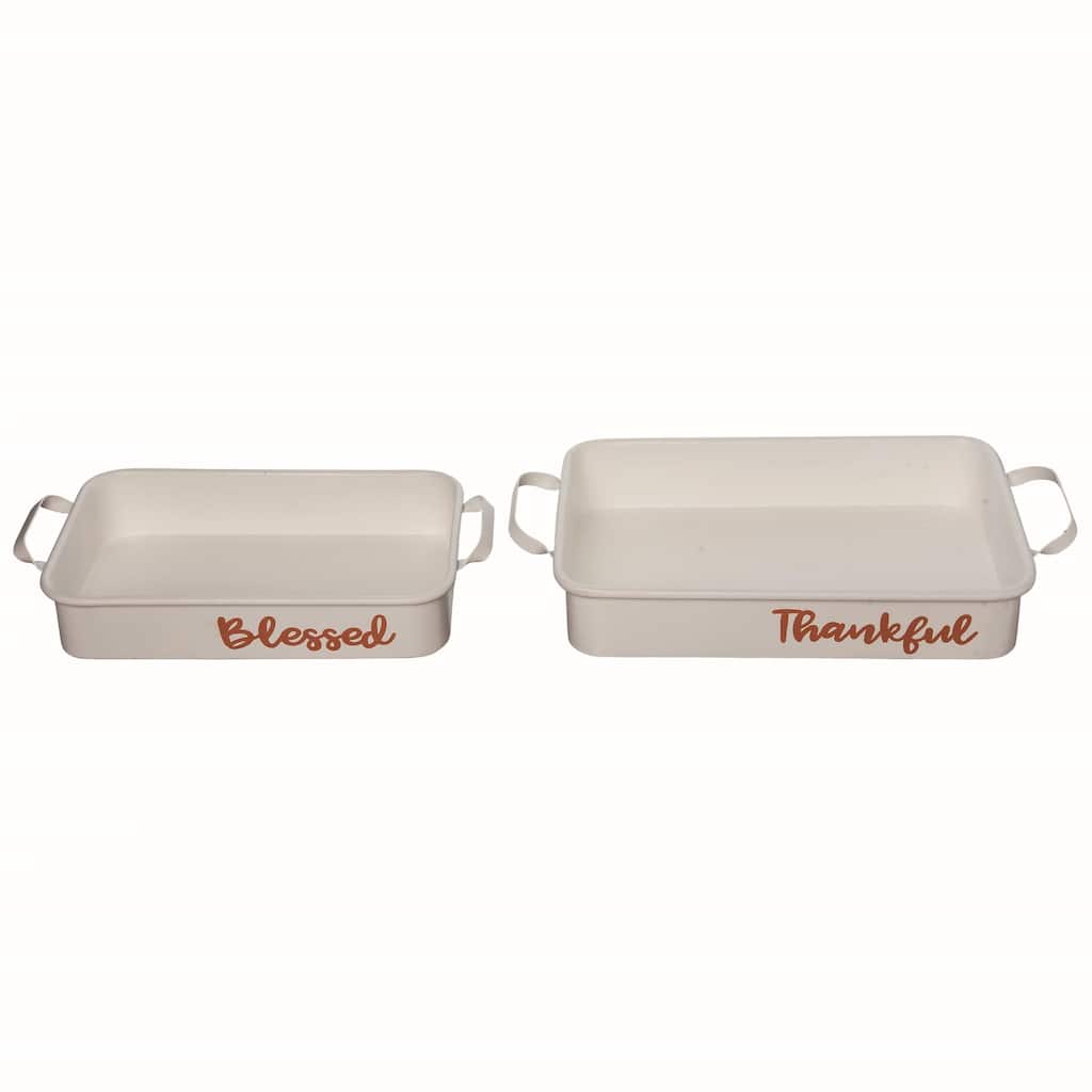 Transpac Metal 19 in. White Autumn Blessed Thankful Enamel Trays Set of 2