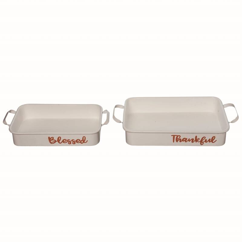 Transpac Metal 19 in. White Autumn Blessed Thankful Enamel Trays Set of 2