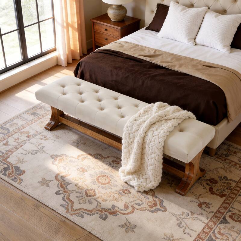 55" Upholstered End of Bed Bench, Solid Wood Tufted Entryway Bench