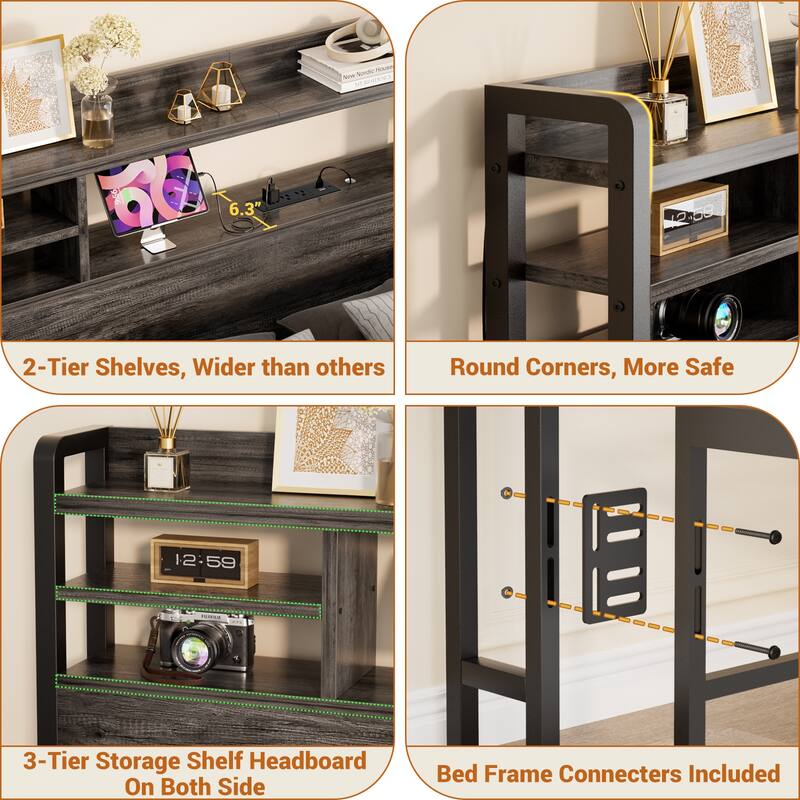 Storage Headboard with USB Port and Power Outlet, Head Board with LED Light for Bed Frame