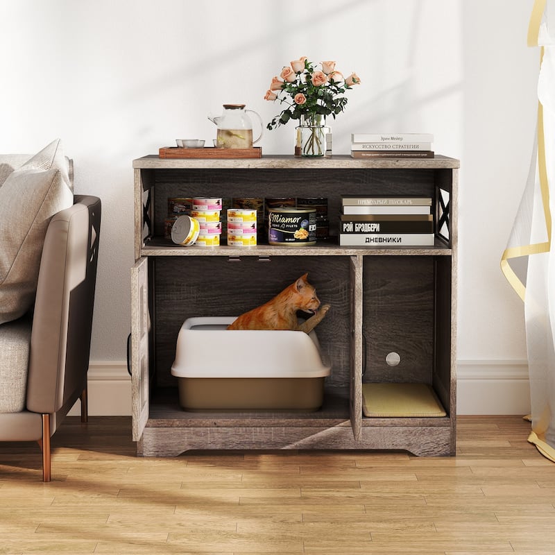 Gymax Cat Litter Box Enclosure w/ Storage Double Doors Sisal
