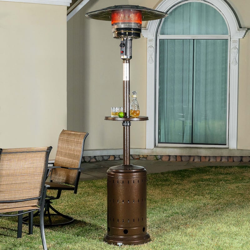 Outdoor Metal Propane Gas Patio Heater with Wheels and Drink Stand - Brown