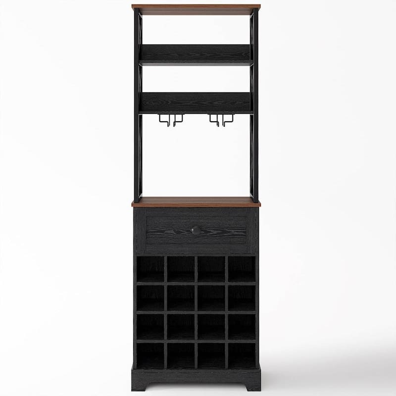 Metal MDF Wine Rack Cabinet with Drawer and Shelves - 65'' H X 13'' D x 21.3" W - Black