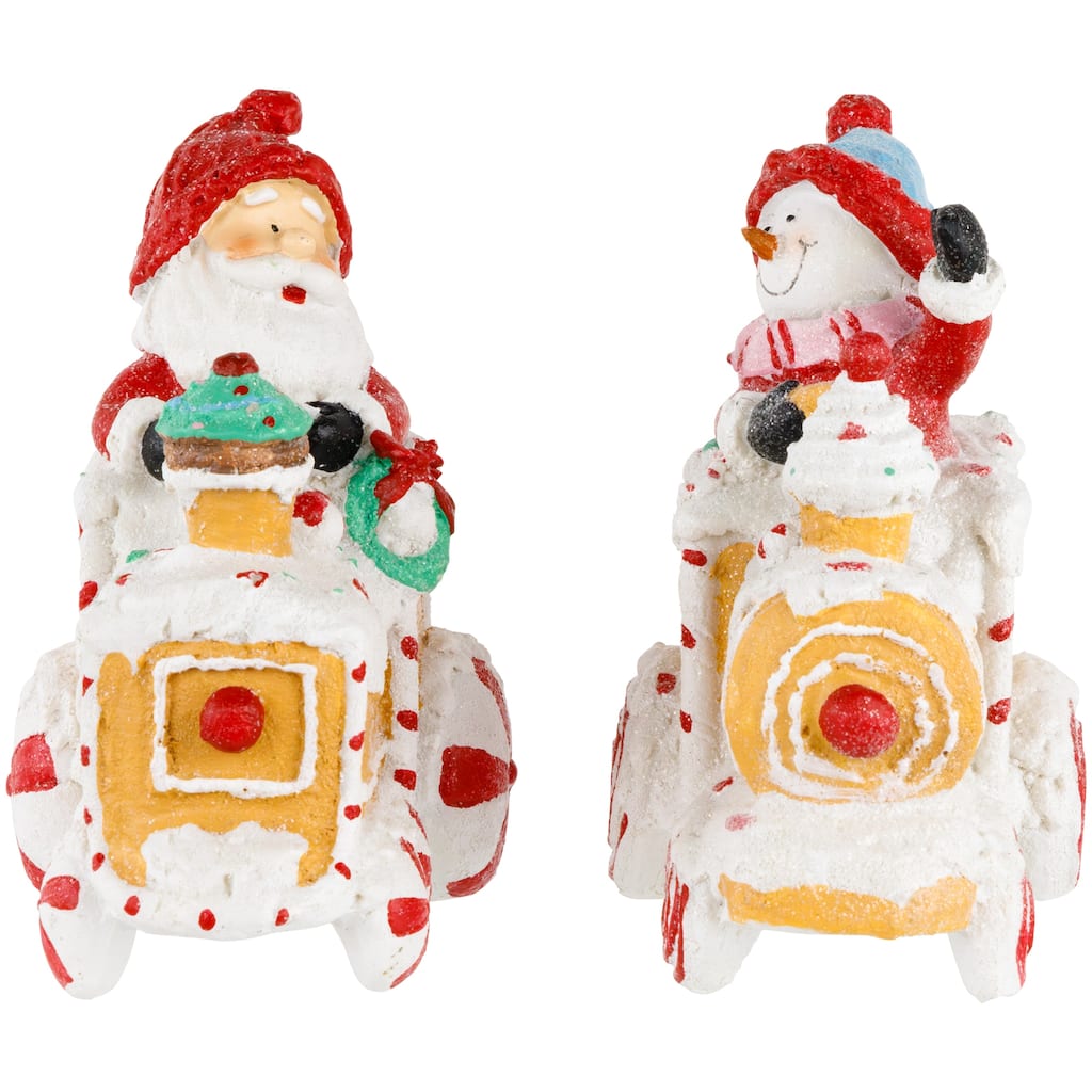Set of 2 Santa Snowman On Gingerbread Trains Christmas Figures 6.75"