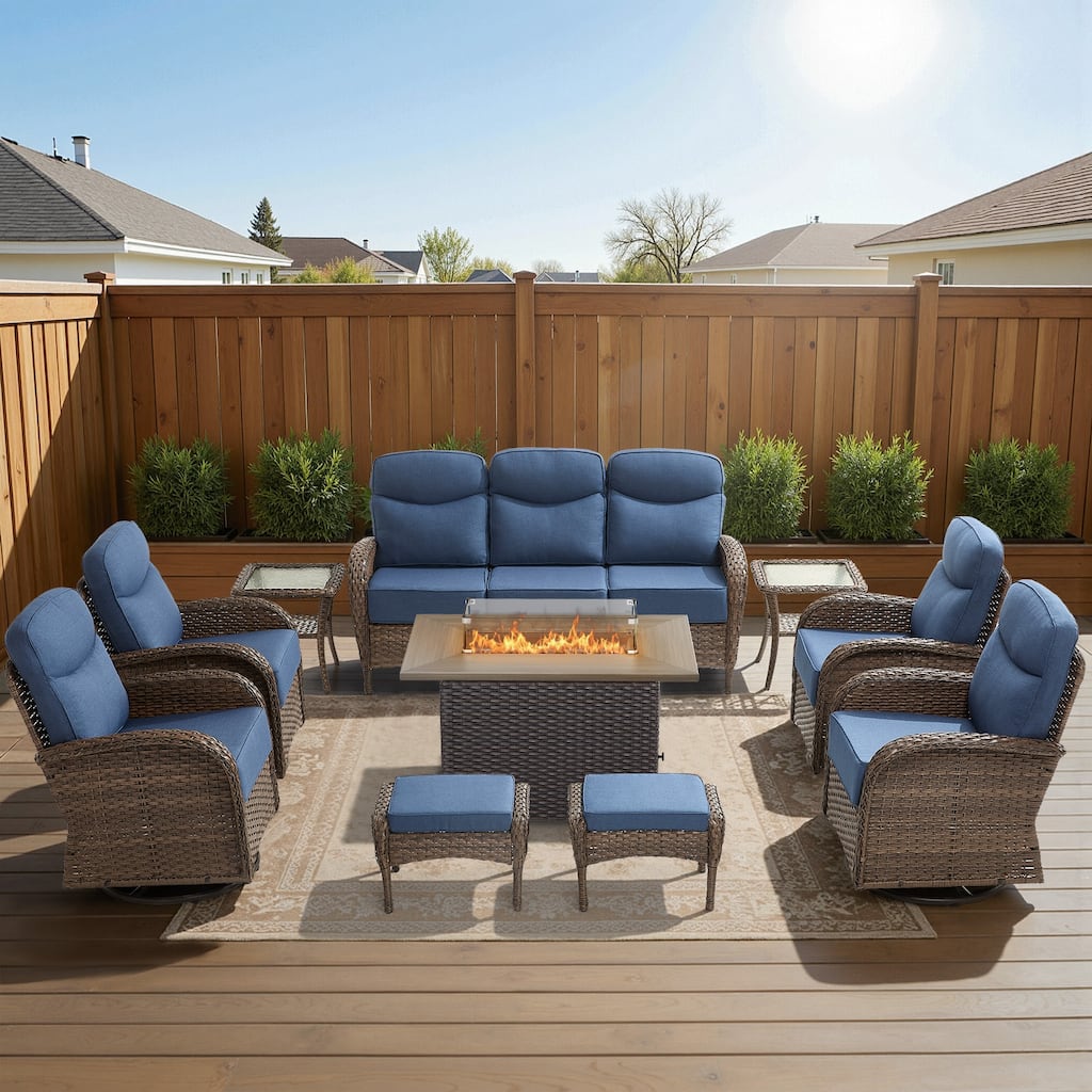 Meyreso 10-Piece Wicker Outdoor Patio Fire Pit Sofa Set with 6-Inch Thick Cushions