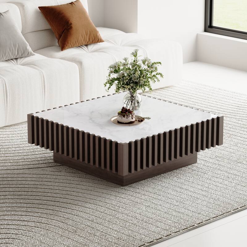 33.46" Modern Square Coffee Table,White Fuax Marble Table top, Solid Wood with 1 Drawer
