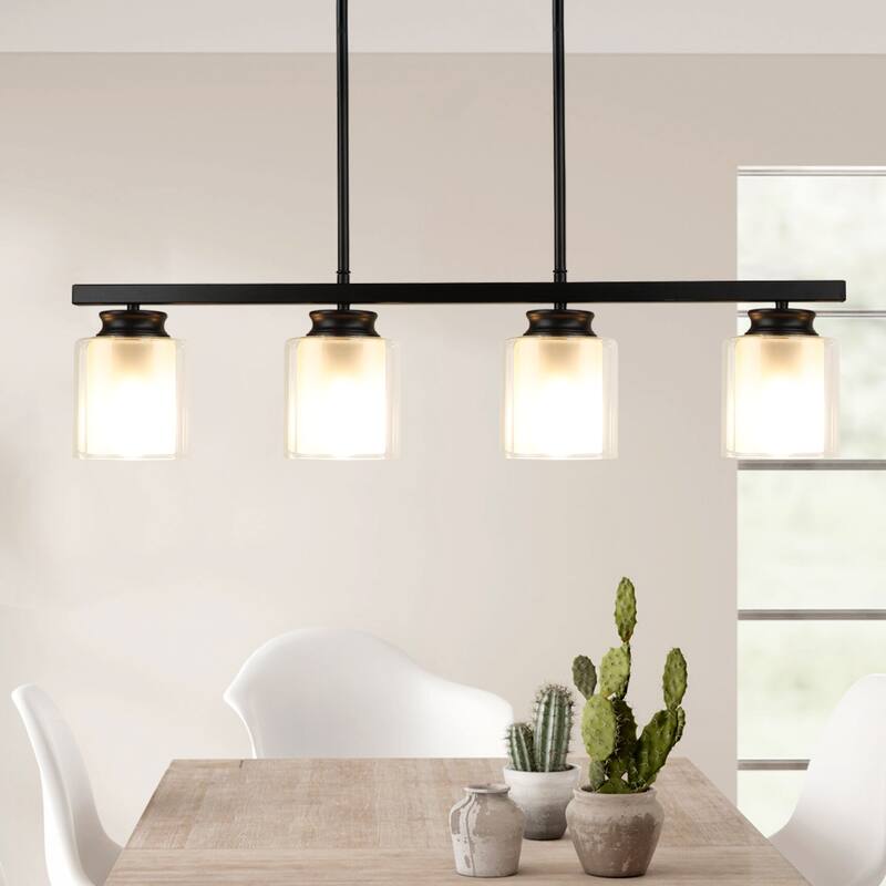 Depuley 4-Light Vintage Farmhouse Metal Linear Chandelier with Glass Shade Black