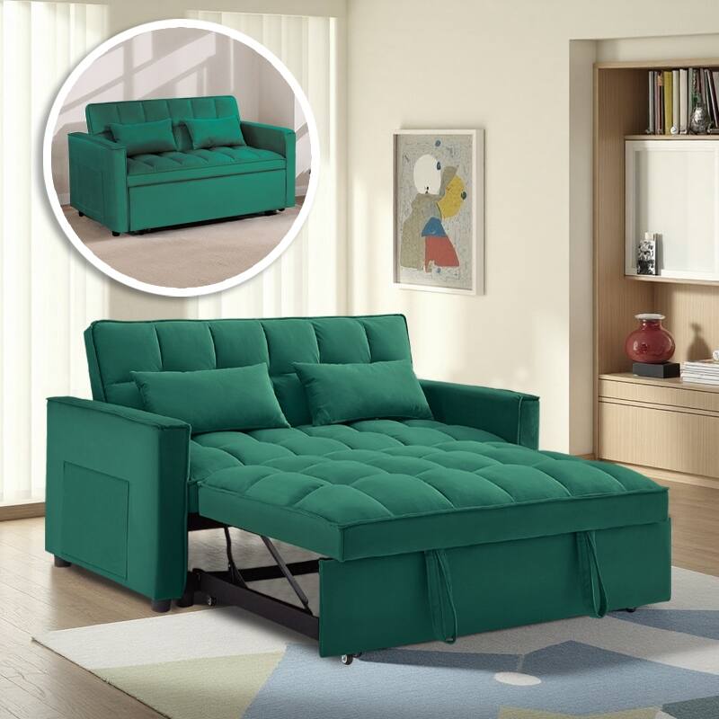 54” Velvet Pull-out Sleeper Sofa Bed,with 3 Adjusting Reclining Back & Storage - Solid Wood Frame,Twin Size-54” x 35.5” x 30”H - Green