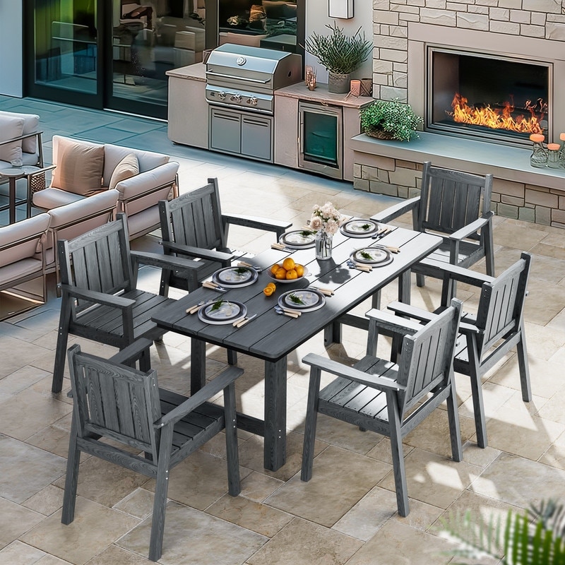 Gray 5/7-Piece HDPE Plastic Patio Outdoor Dining Set with Arm Chairs