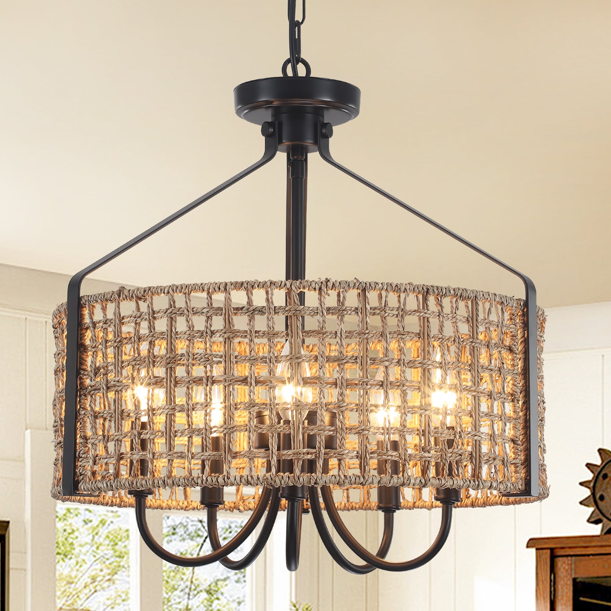 5- Light 18.34" W Dimmable Bohemian Hand-Woven Rattan Drum Chandelier