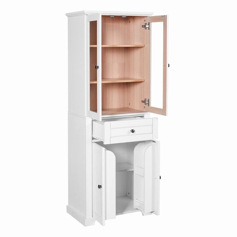 Modern 67.2"H Bathroom Storage Cabinet with Glass Doors Adjustable Shelves and Soft-Close Drawer