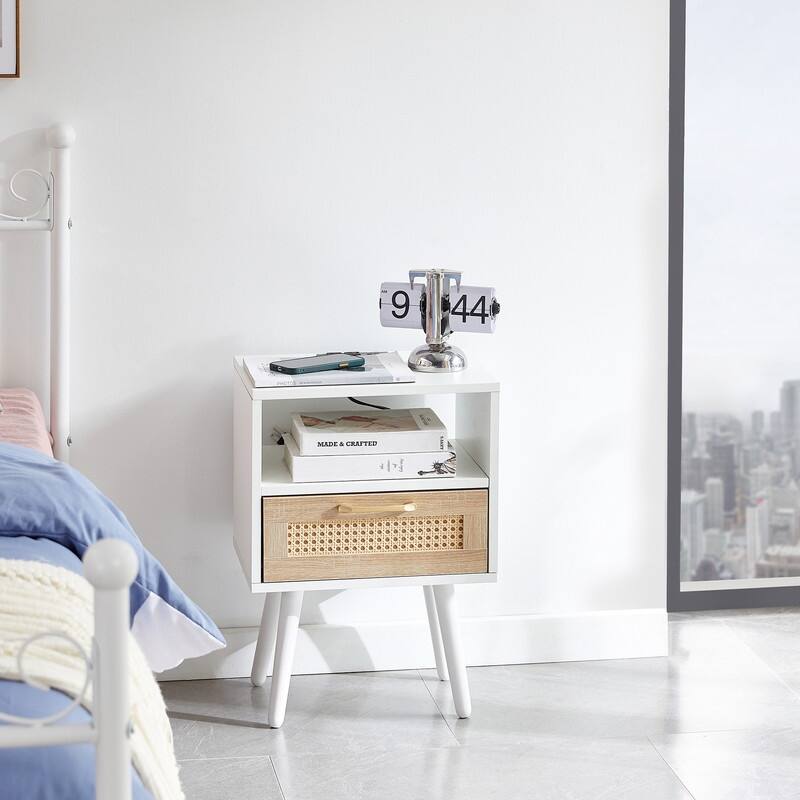 Mid-Century End Table with Drawer and Charging Station Rattan Nightstand-White