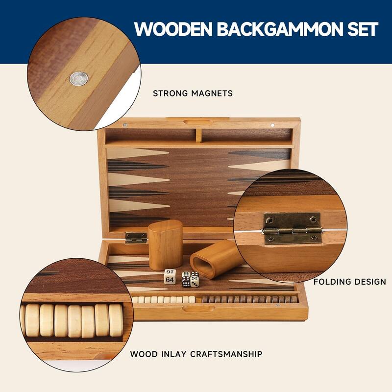 GSE™ 11" Premium Wooden Inlay Backgammon Board Game Set, Portable Folding Backgammon Board Game with Game Pieces - 11-Inch