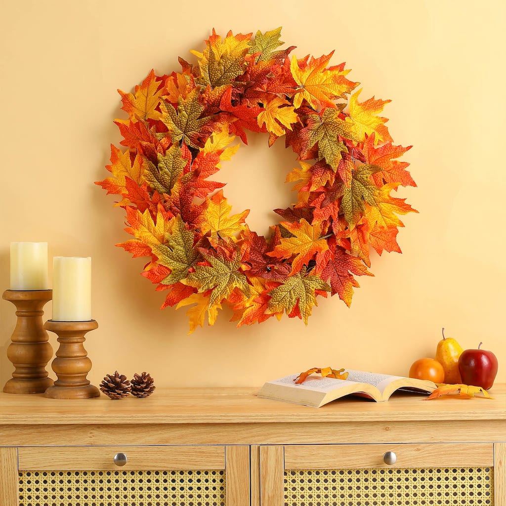 Glitzhome Thanksgiving LED Lighted Fall Maple Leaves Wreath & Garland with Timer