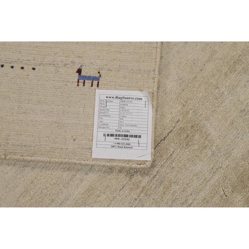 Tribal Beige Gabbeh Indian Foyer Rug Handmade Silk Carpet - 3'1"x 4'11"