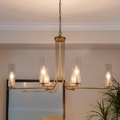 Mid-Century Modern 6-Light Gold Chandelier Metal Glass Island Light for Dining Room - 36"D x 21"H