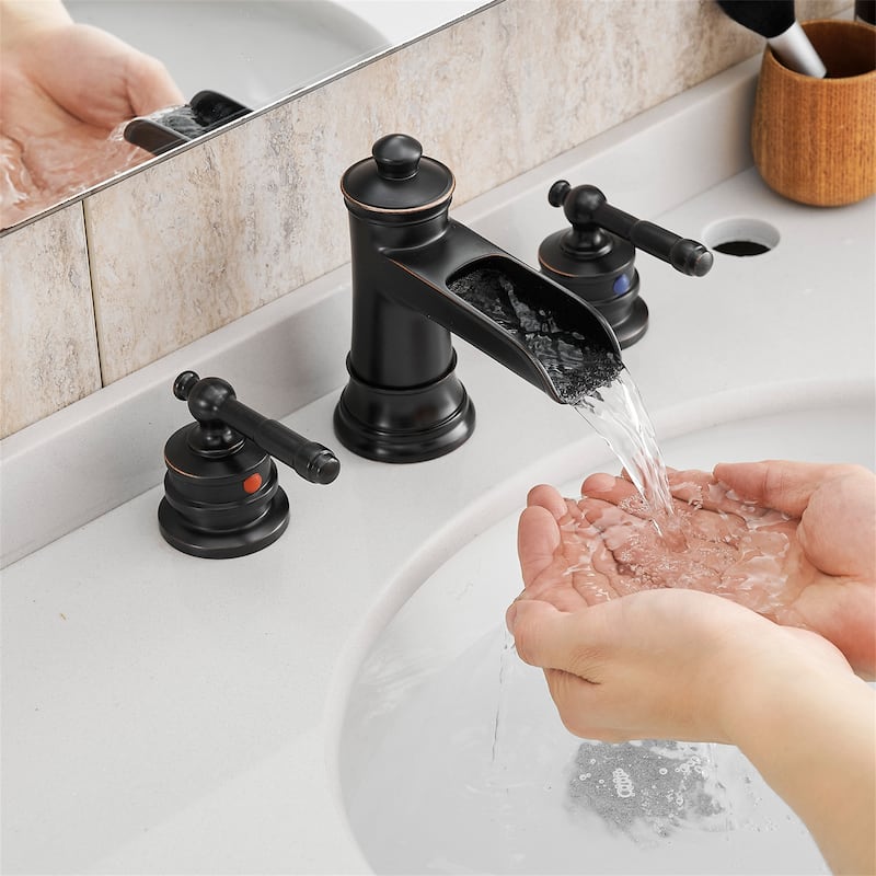 Waterfall 8 Inch Widespread Bathroom Faucet with Pop-up Drain Brass Double Handle Modern Bathroom Sink Basin Taps