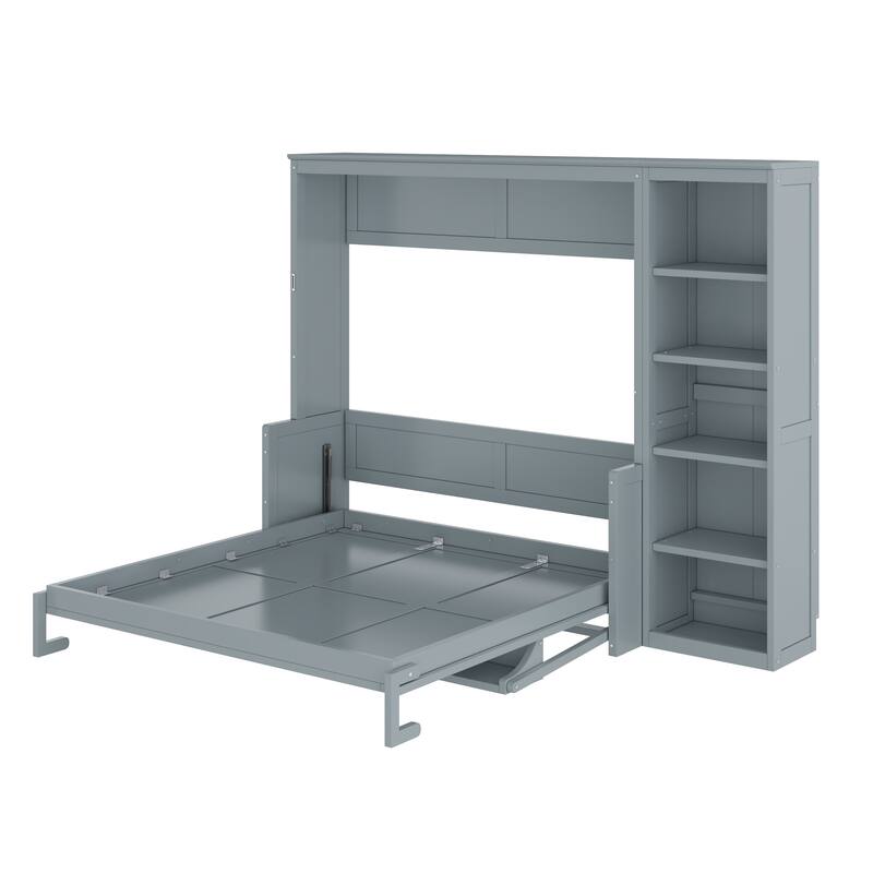 Queen Size Murphy Bed with Desk and Bookshelf in Gray, Space-saving Design