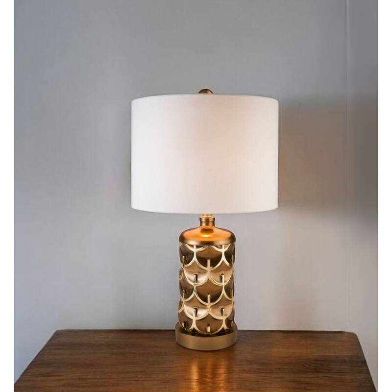 Gold Metal Bedside Table Lamp with White Cotton Drum Shade Rotary Switch - 16” x 16” x 28.5” (D x W x H)