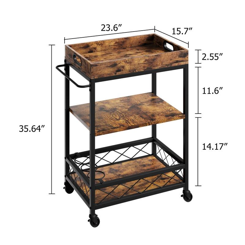 Farmhouse 3 Tier Bar Cart with Wheels and Portable Tray - 23.6"W x 15.7"D x 35.64"H