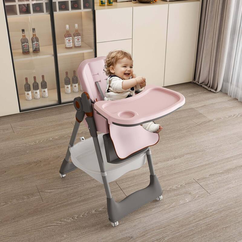 Adjustable Foldable Baby High Chair with Tray and Wheels for 0 6 Years